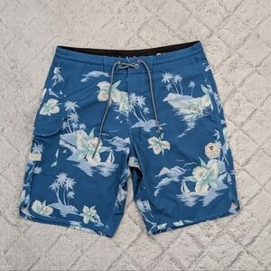Vissla Shorts Mens 32 Blue Floral Board Swim Surf Cargo Unlined Beach 9” Taper